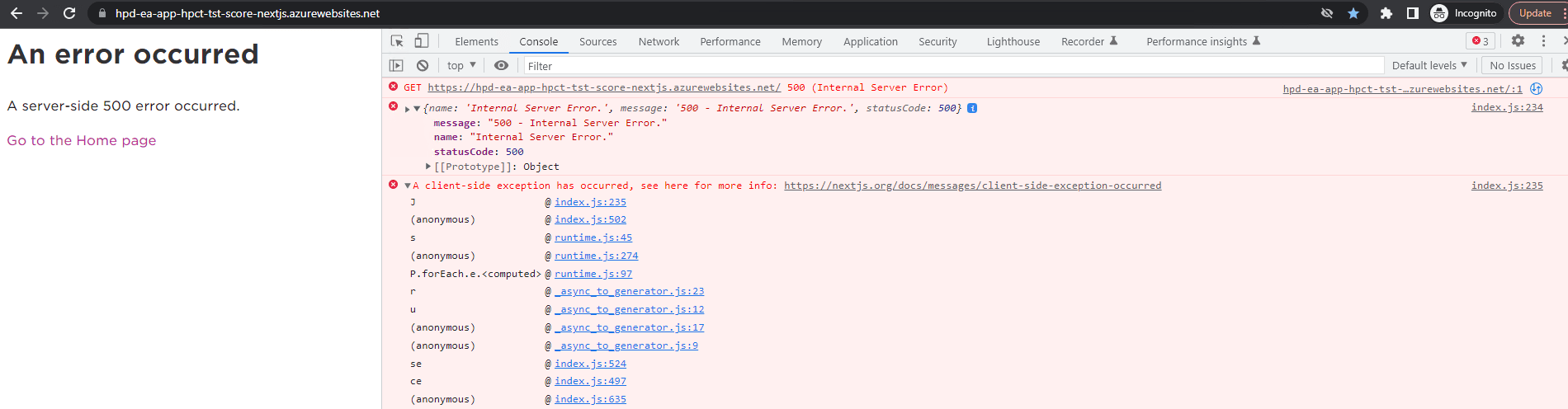 an error occured page on nextjs