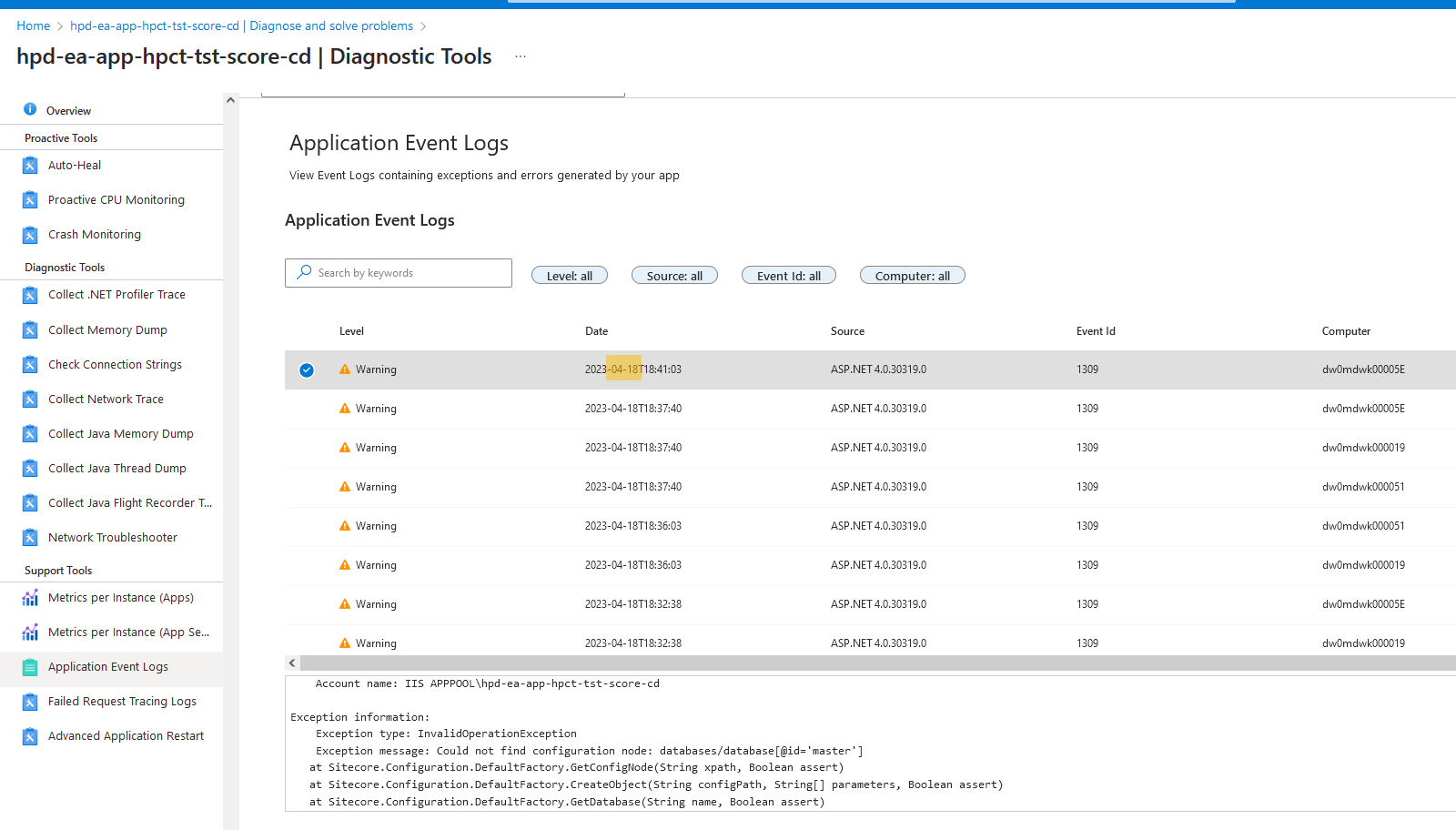 application event logs details